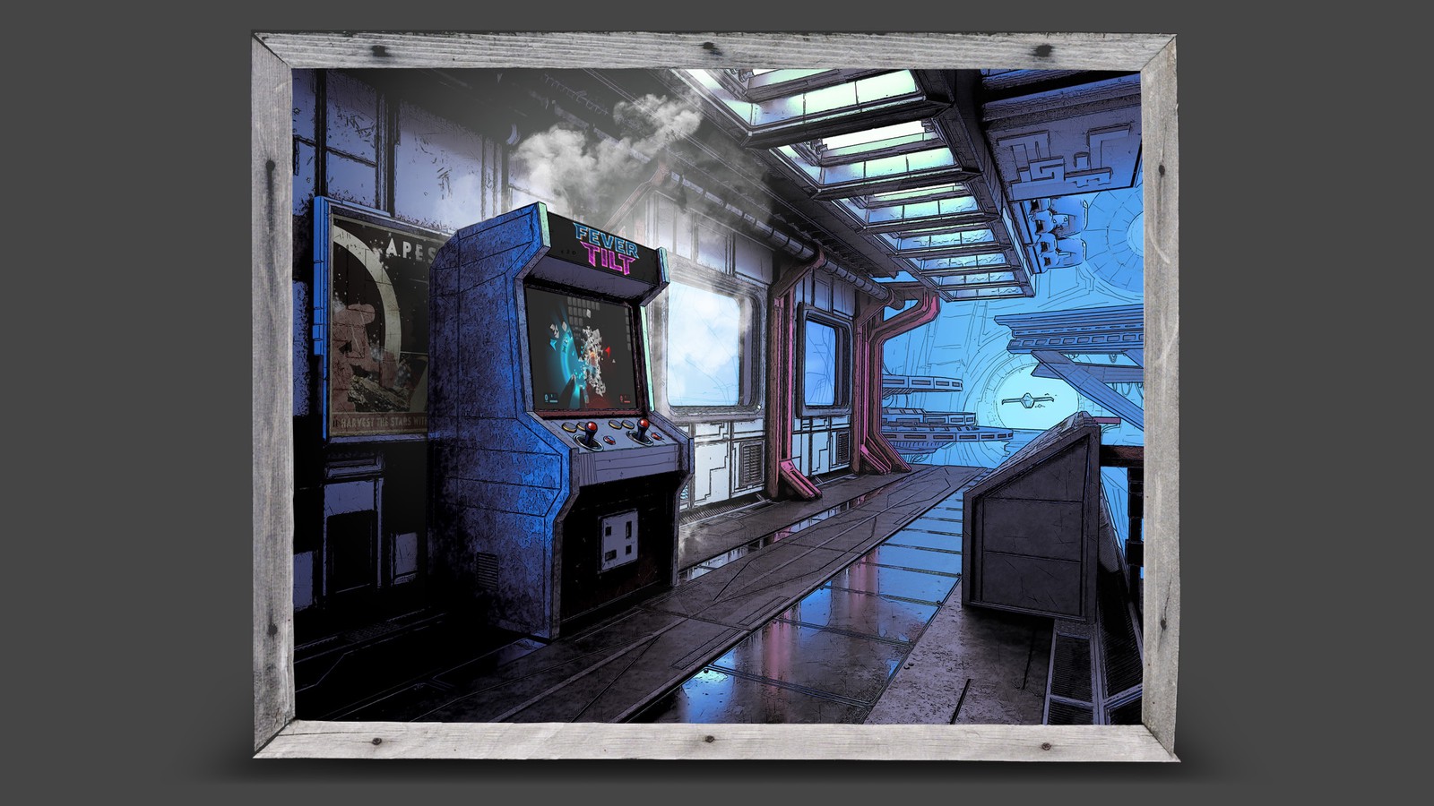 The Fever Tilt cabinet on a mining-station walkway under an A.P.E.S. propaganda poster — the game’s world rendered as material culture