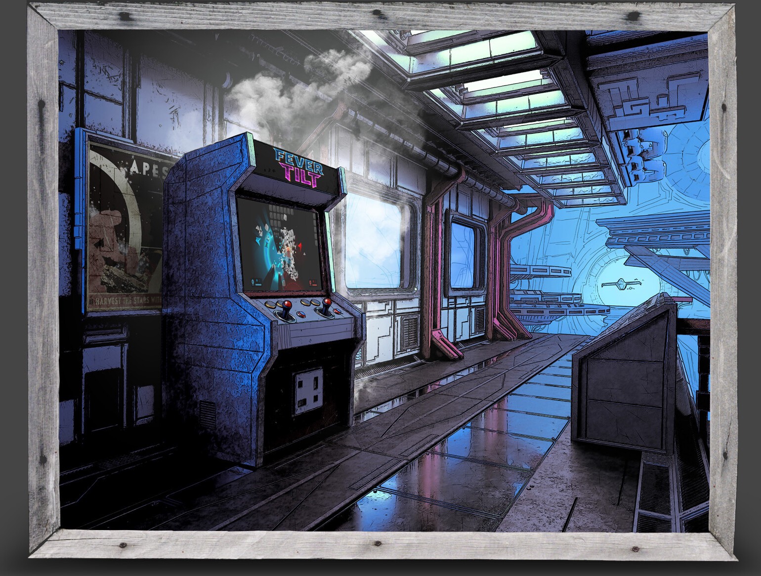 The Fever Tilt cabinet on a mining-station walkway under an A.P.E.S. propaganda poster — the game&rsquo;s world rendered as material culture