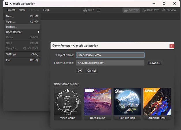 The Demo Projects dialog in the XJ music workstation, where each channel ships as a ready-to-clone template