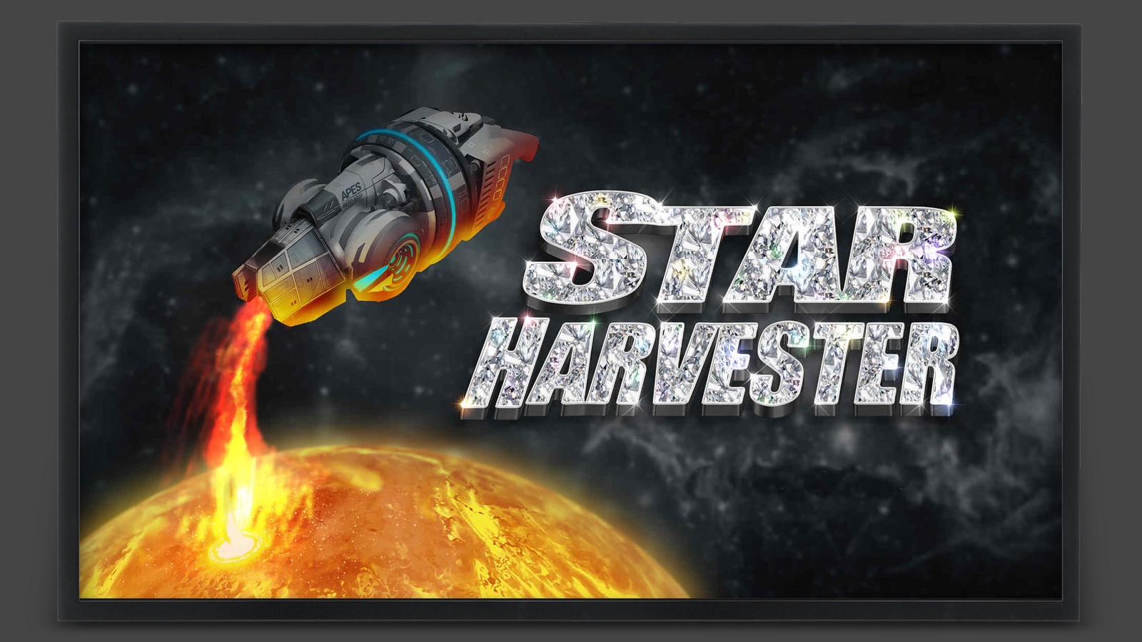 Star Harvester title art — diamond-encrusted logotype over an A.P.E.S. mining ship
