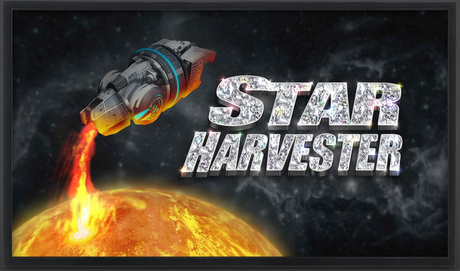 Star Harvester title art — diamond-encrusted logotype over an A.P.E.S. mining ship