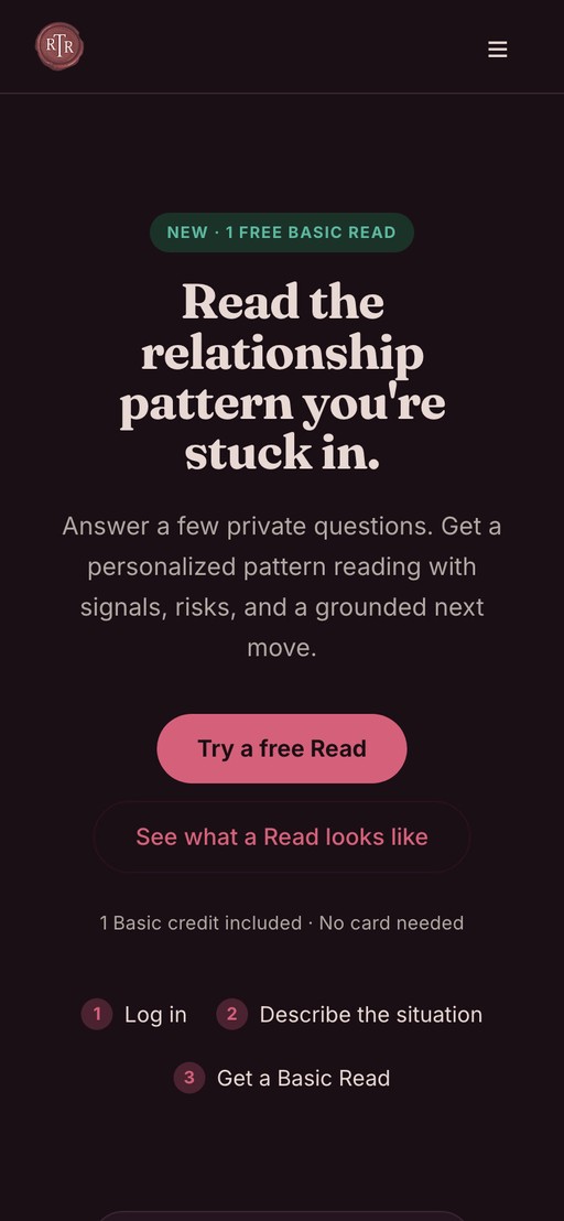 The front door: read the relationship pattern you're stuck in. One free Basic Read, no card needed.