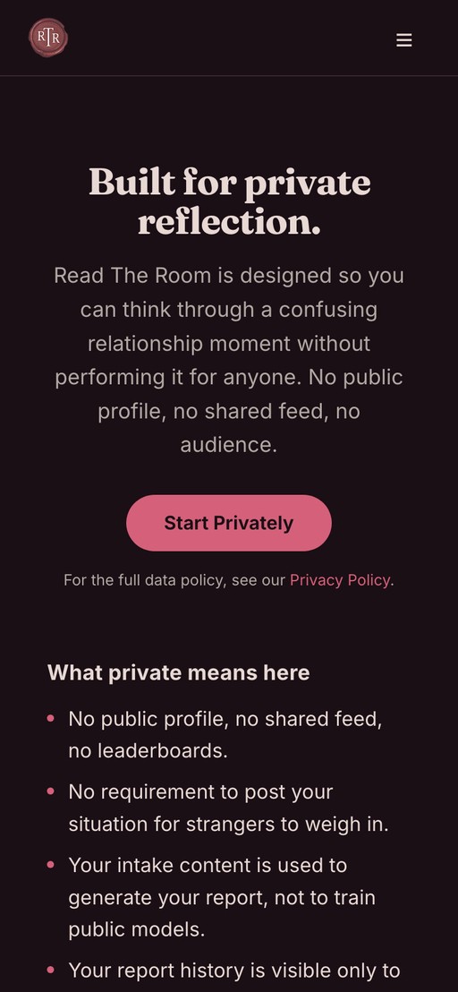 Built for private reflection — no public profile, no shared feed, no audience.