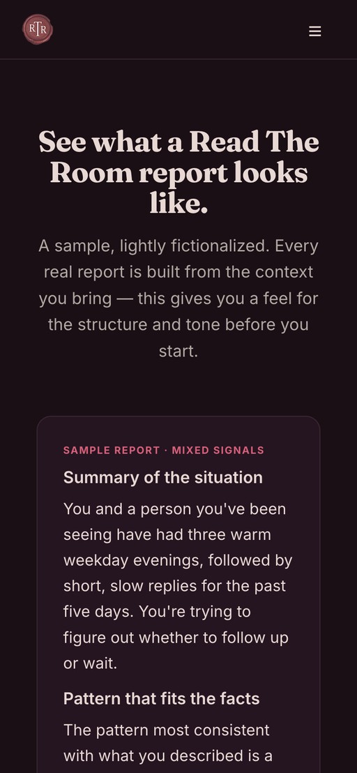 The public sample report — a mixed-signals case showing the structure every Read follows.